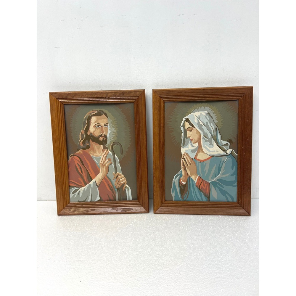 Vintage Jesus and Mary Paint by Number Framed Wall Art Set Pair Religious Decor